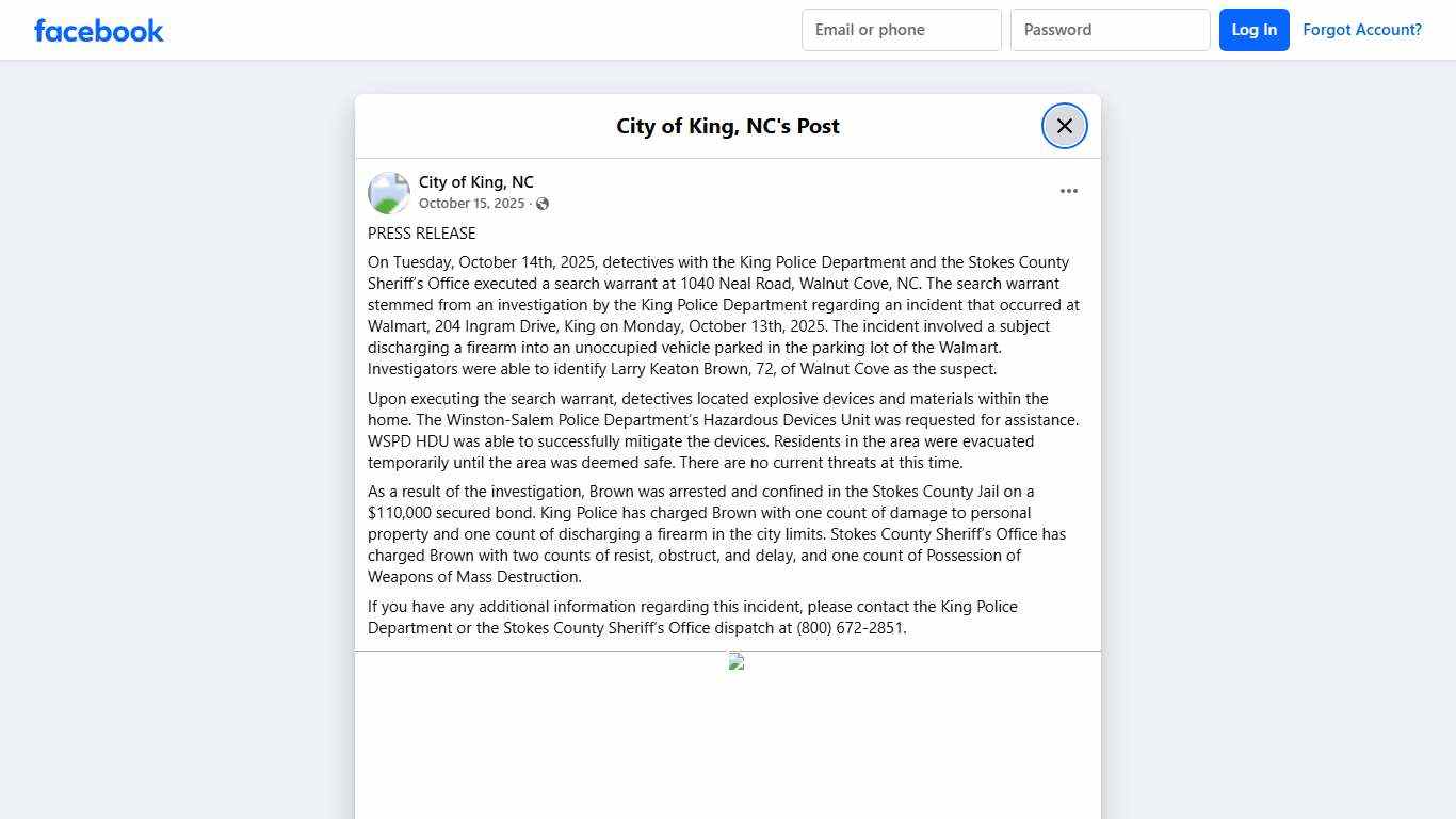 PRESS RELEASE On Tuesday, October... - City of King, NC Facebook